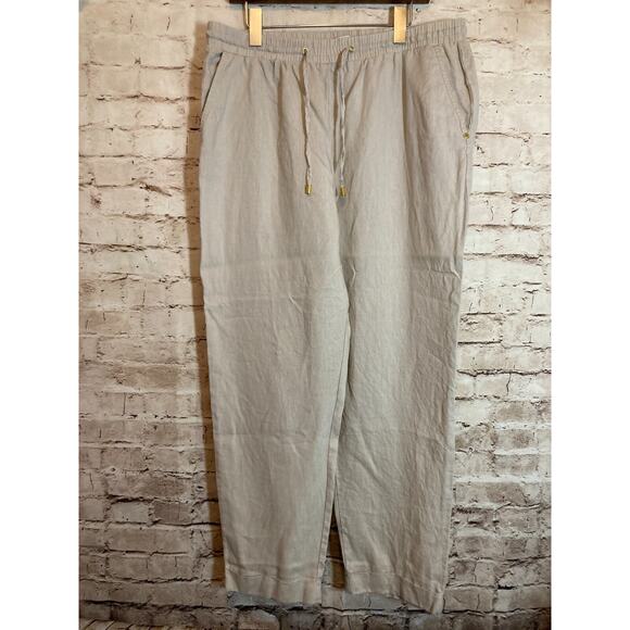 Ellen Tracy Linen Pants Womens Large Tan Relaxed Beachy Lagom Neutral Drawstring - Picture 1 of 16